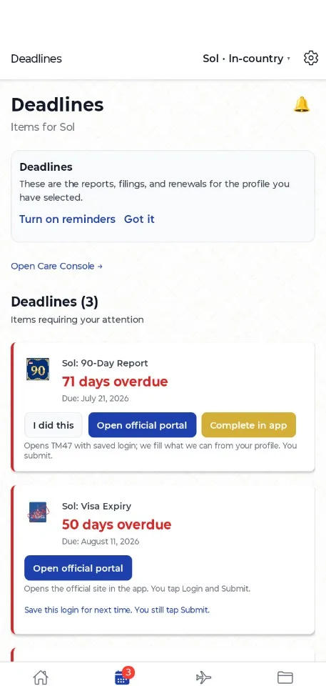 ThaiTrack Deadlines screen with a 90-day report and a visa expiry, and a button to open the official portal.