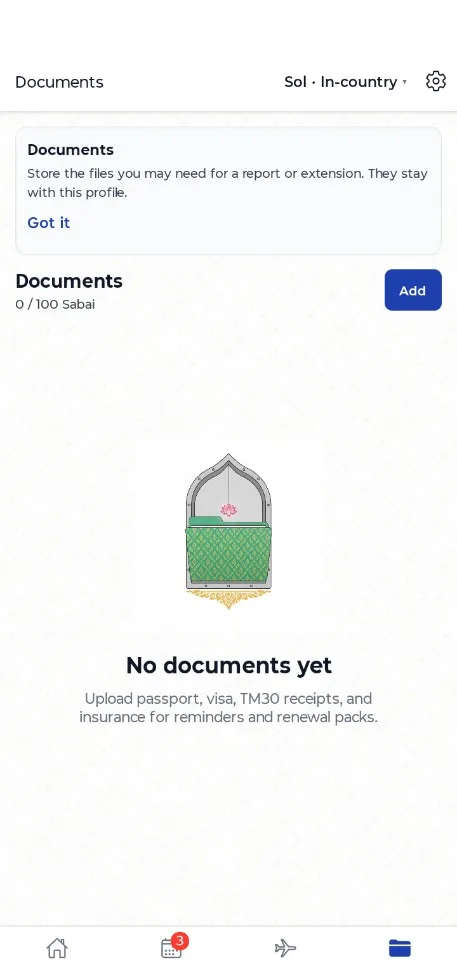 ThaiTrack Documents screen, ready for a passport, visa, TM30 receipt, or insurance certificate.