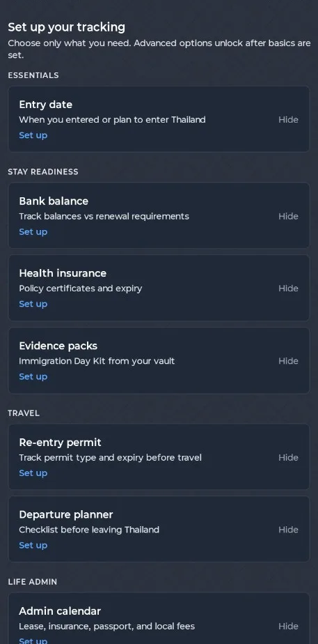 ThaiTrack setup screen, starting with the day you arrived.