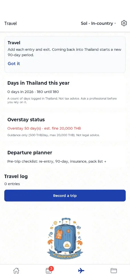 ThaiTrack Travel screen with days in Thailand, overstay status, and a button to record a trip.